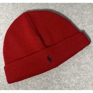 Polo Ralph Lauren Mens OS Beanie Red Ribbed Lambswool Blend Knit Hat Navy Pony